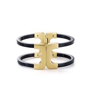 Tory Burch Gold Gemini Link Black Resin Hinge Wide Cuff Magnetic Bracelet $198